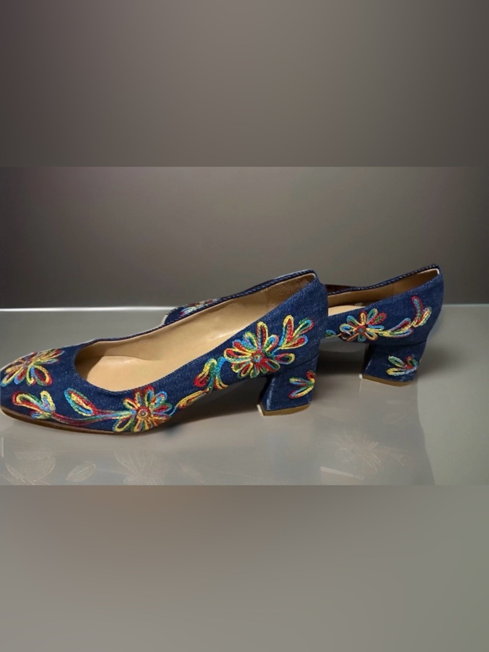 Sesto Meucci Embroidered Floral Block Heel Pumps Blue Multicolor 7.5